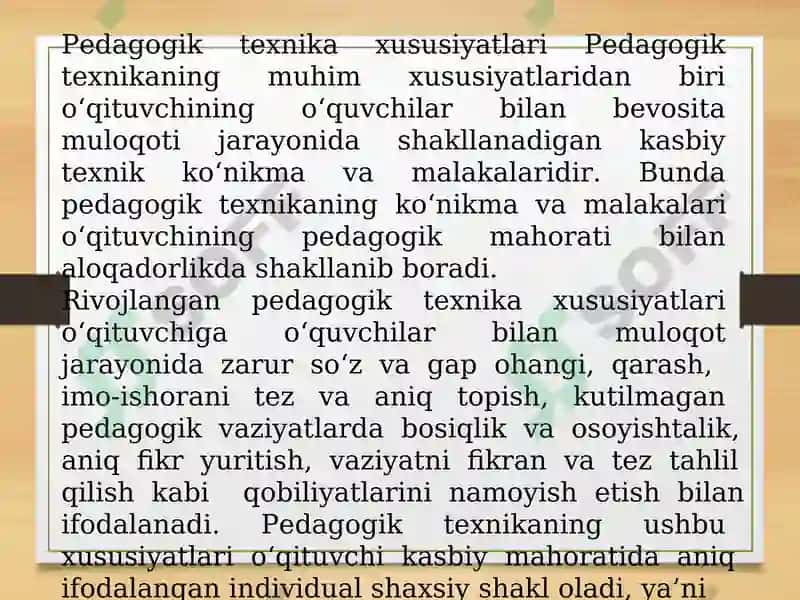 Pedagogik texnika haqida tushuncha va uning mazmuni. Pedagogik texnikani egallash mahorati. 7
