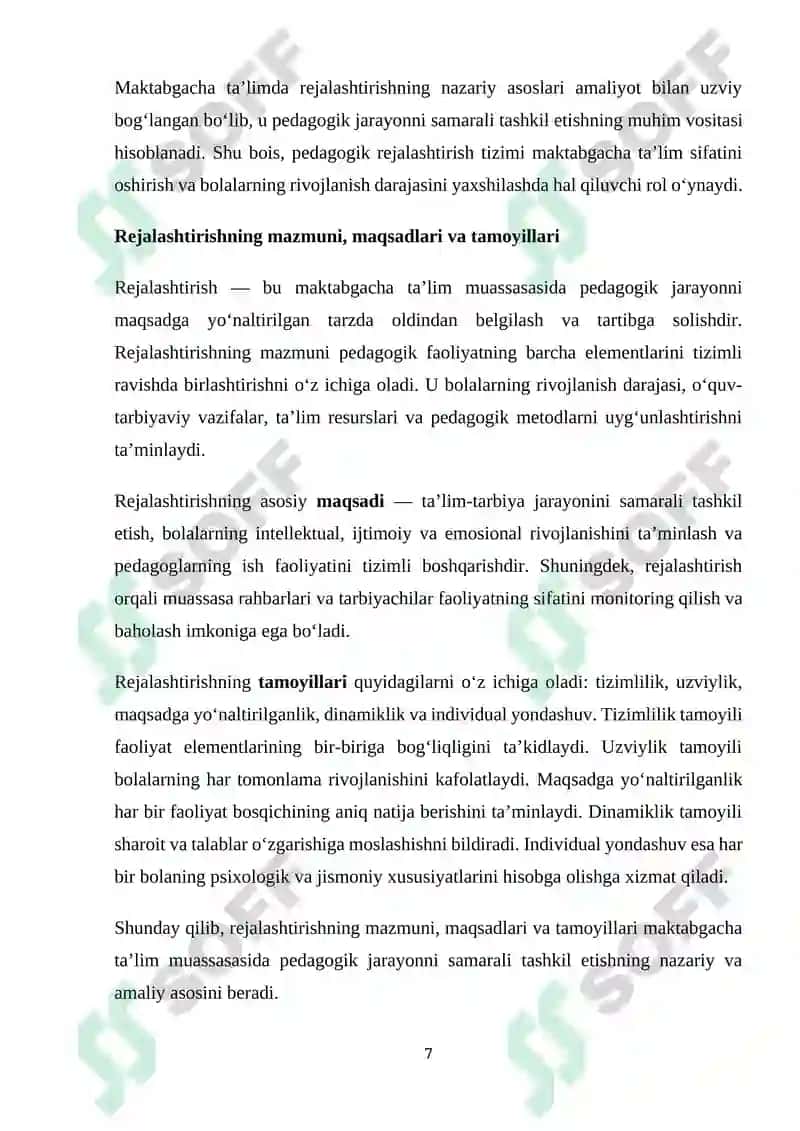 MAKTABGACHA TA'LIM MUASSASASI FAOLIYATINI REJALASHTIRISH VA UNI SAMʼRADORLIGINI BAHOLASH TIZIMINI LOYIHALASHTIRISH 7