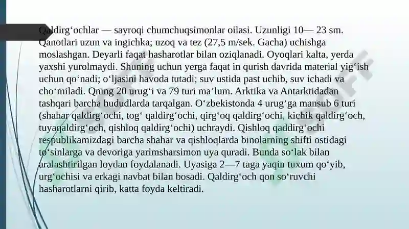 Qushlar sinfining turli sistematik guruhlaridan preparat tayyorlash. 7