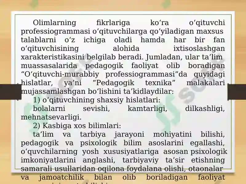 Pedagogik texnika haqida tushuncha va uning mazmuni. Pedagogik texnikani egallash mahorati. 8