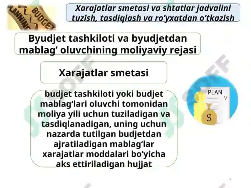 Byudjet tashkilotlarida smetasi va shtatlar jadvalini tuzish, tasdiqlash va ro’yxatdan o’tkazish 8