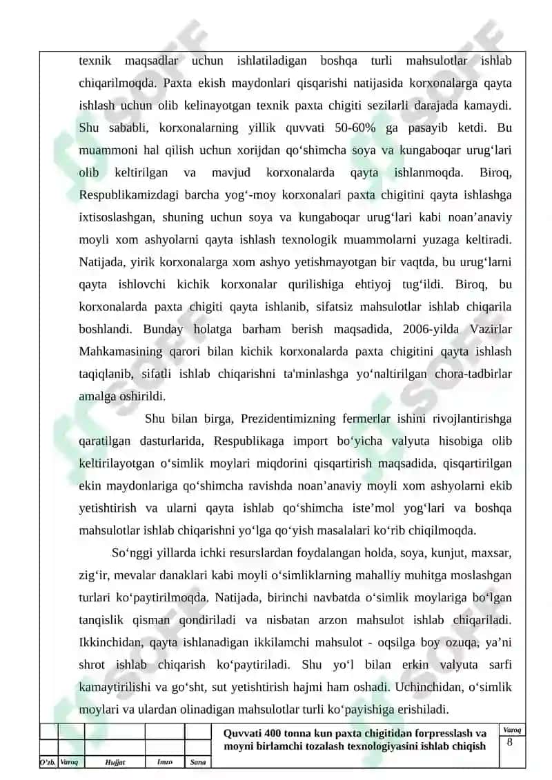 Quvati 400 tona paxta chigitidan forfreslash va moyin birlamchi tayorlash texnalogiyasi 8
