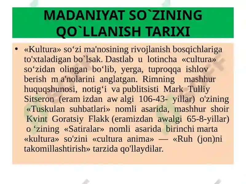 KIRISH. O'ZBEKISTONNING MADANIYATI VA SAN'ATI TARIXI FANINING MAQSADI VA VAZIFALARI. 8