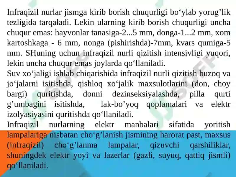 INFRAQIZIL NURLI VA ELEKTR YOYLI QIZITISH QO‘LLANISHSOHALARI 8