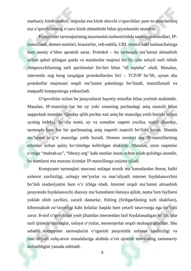 Umumiy o‘rta ta’lim maktablarining 8-sinfida “Informatika va axborot texnologiyalari” fanidan “Kompyuter tarmoqlari. Asosiy tushunchalar” mavzusini o‘qitishda interfaol metodlardan foydalanish 8