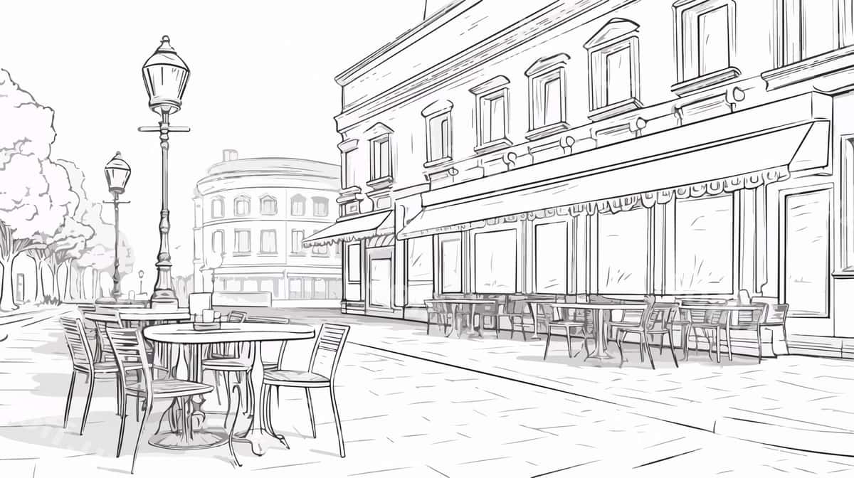 Ko'cha kafe sahnasi stollar va stulchairlar bilan | Street cafe scene with tables chairs 1