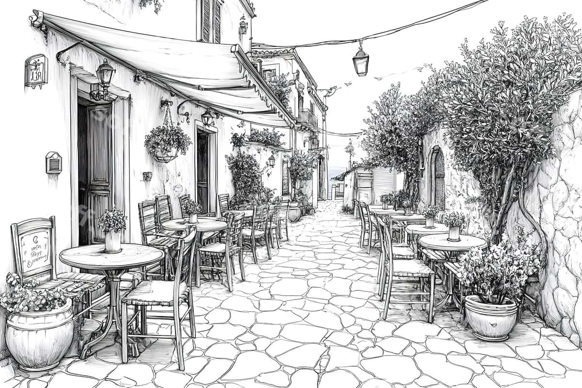 Ko'cha sahna kafe g'alablari bilan | Street scene with cafe awnings 1
