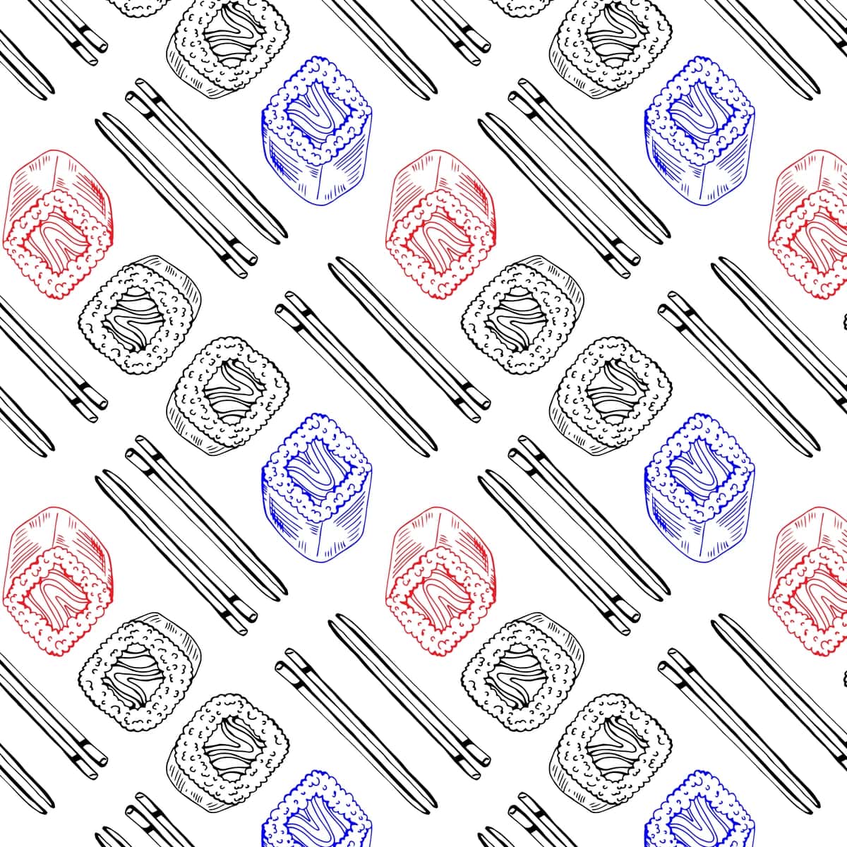 Qizil ko'k sushi chizilgan qo'lda chizilgan choksiz naqsh | Hand drawn seamless pattern with red blue sushi drawings 1