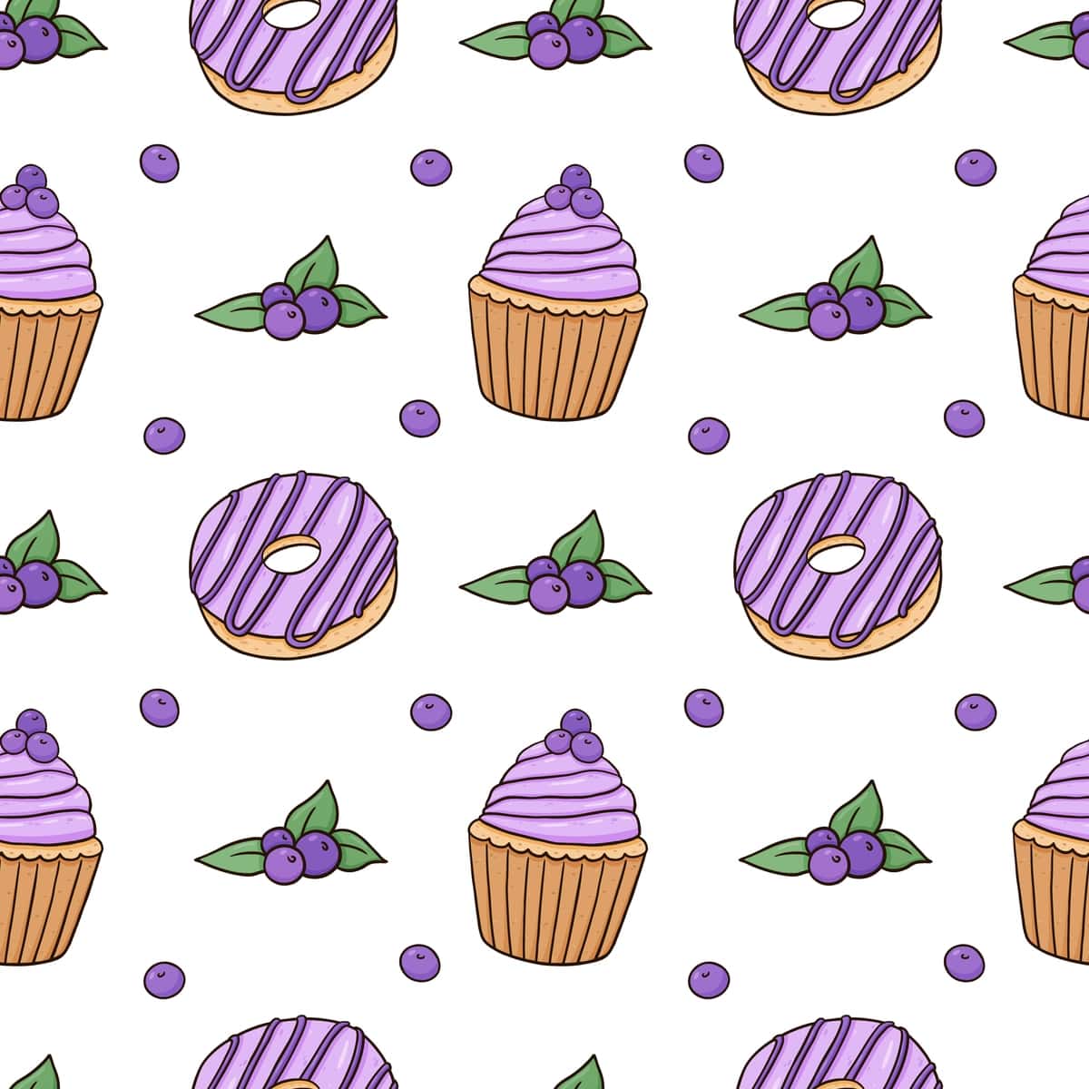 Yaltiroq donuts bilan choksiz naqsh oq ko'k bilan cupcakes | Seamless pattern with glazed donuts cupcakes with blueberries white 1