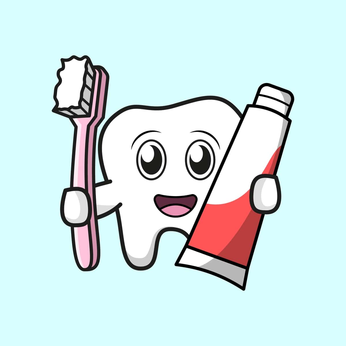 Yoqimli kavayi tishi cho'tkasi tish pastasida vektor multfilmi tasviri | Cute kawaii tooth holding brush toothpaste vector cartoon illustration 1