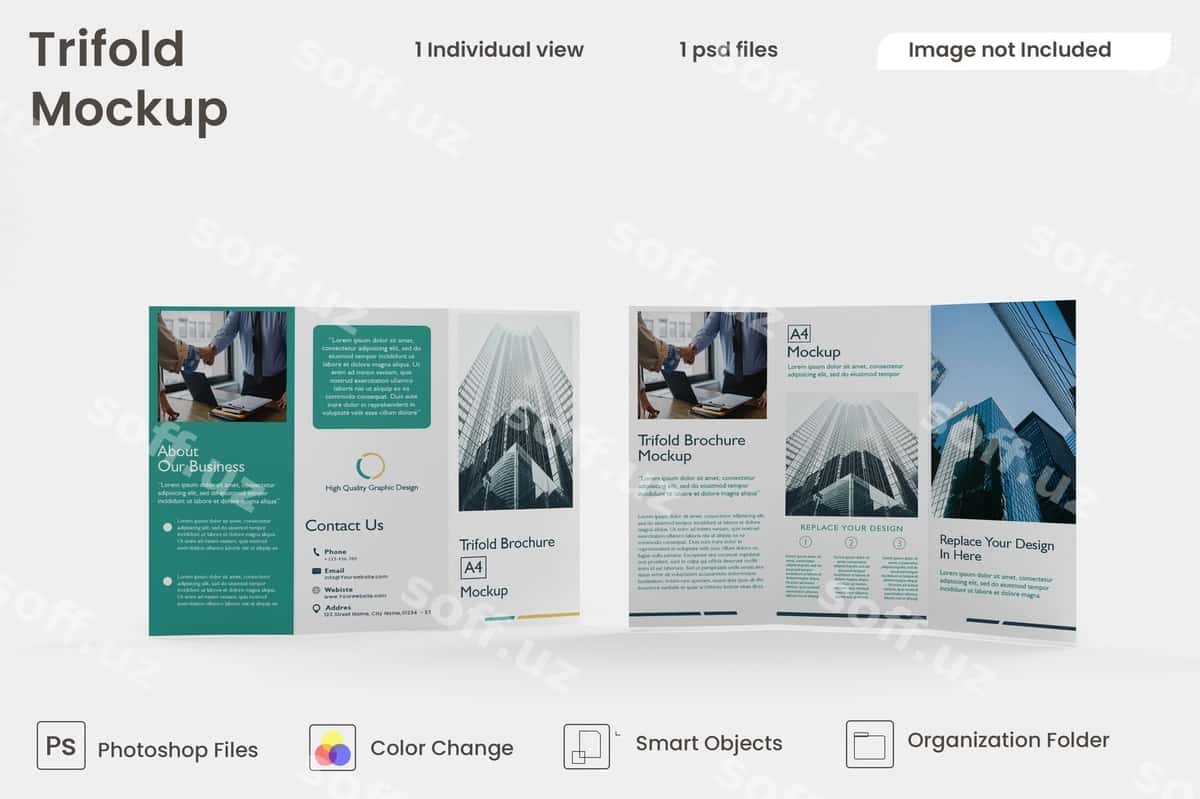 Uch qavatli broshyura maket premium psd | Trifold brochure mockup premium psd 1