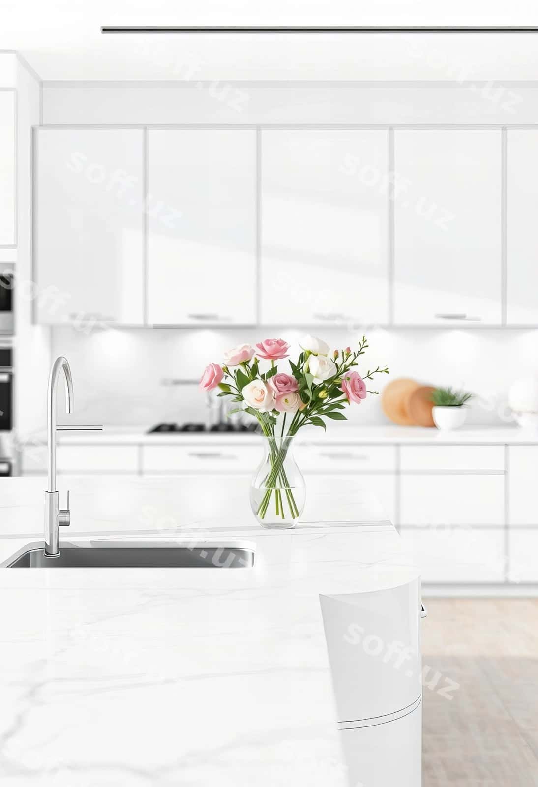 Gullik vase oshxona chetka o'tirgan. | Vase flowers sits kitchen counter 1