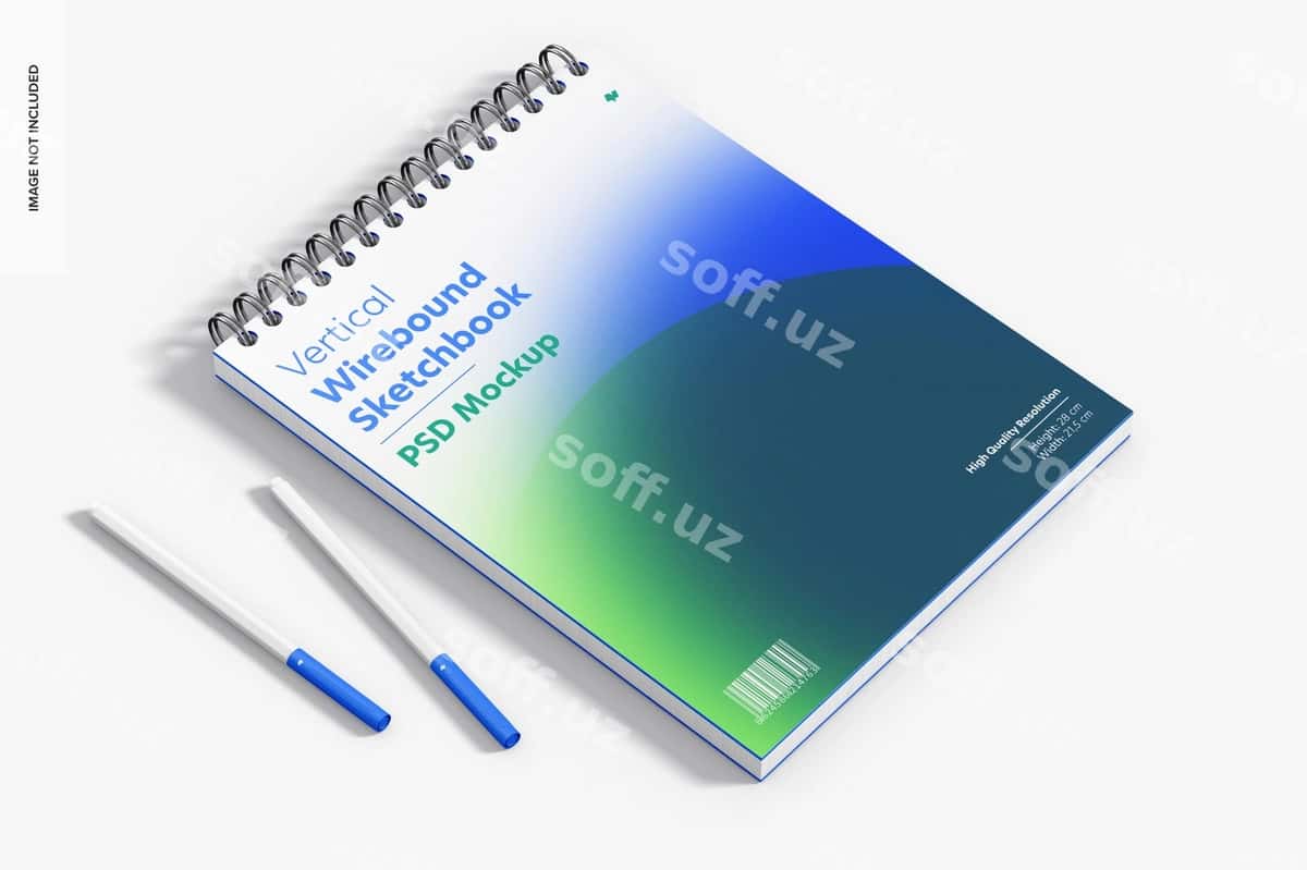 Vertikal ipli bog'langan chizgich daftri mockup | Vertical wirebound sketchbook mockup 1