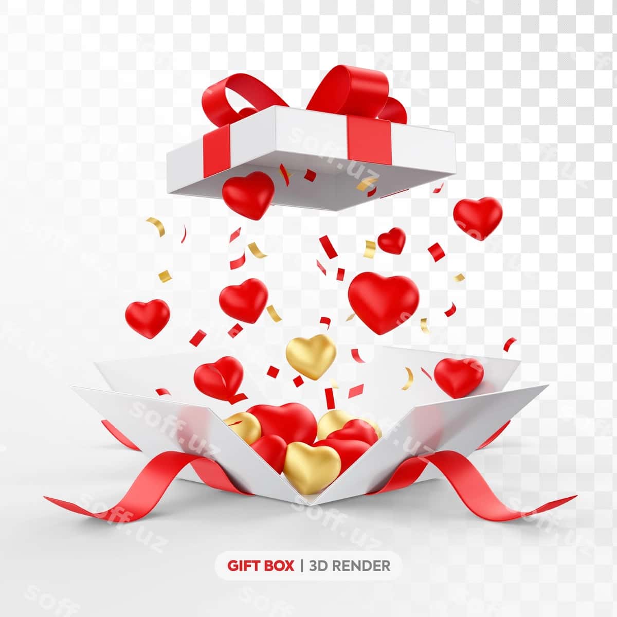 Oq qizil sovg'a qutisi 3D render yuraklar bilan | White red gift box 3d render with hearts 1
