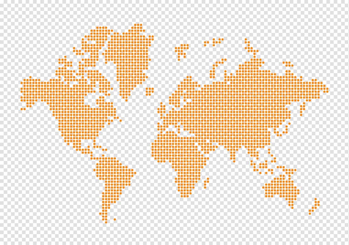 Jahon xaritasi shaffof fonda to'q sariq nuqtalardan yasalgan | World map made orange dots isolated transparent background 1