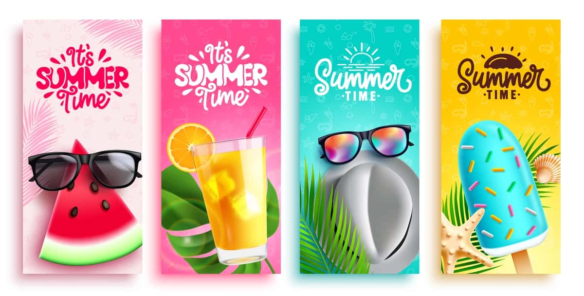 Yoz vaqti vektorli plakatlar to'plami, yozgi tropik matni dizayni | Summer time vector poster set design it s summer time text tropical 1