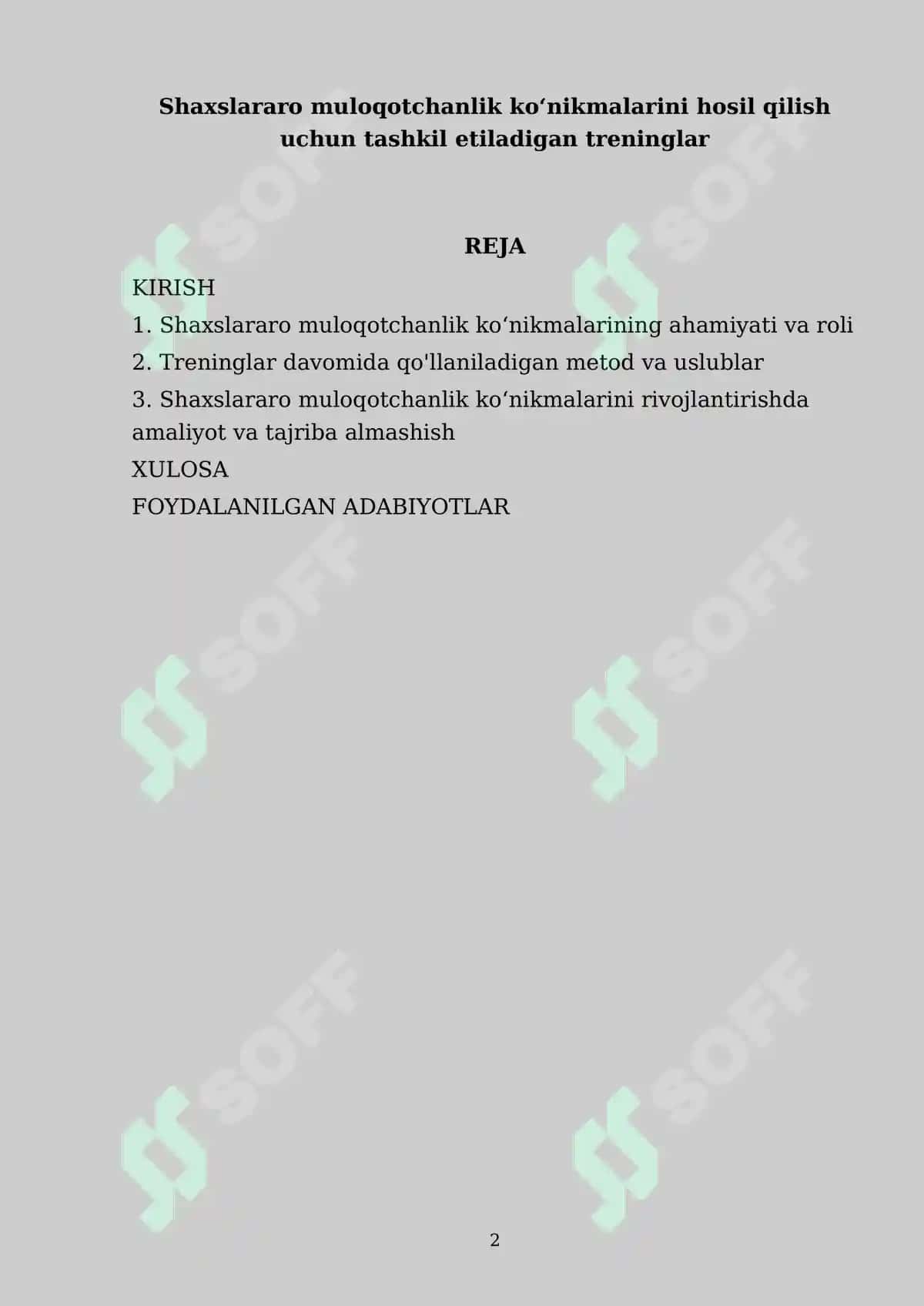 Shaxslararo muloqotchanlik koʻnikmalarini hosil qilish uchun tashkil etiladigan treninglar referati 2
