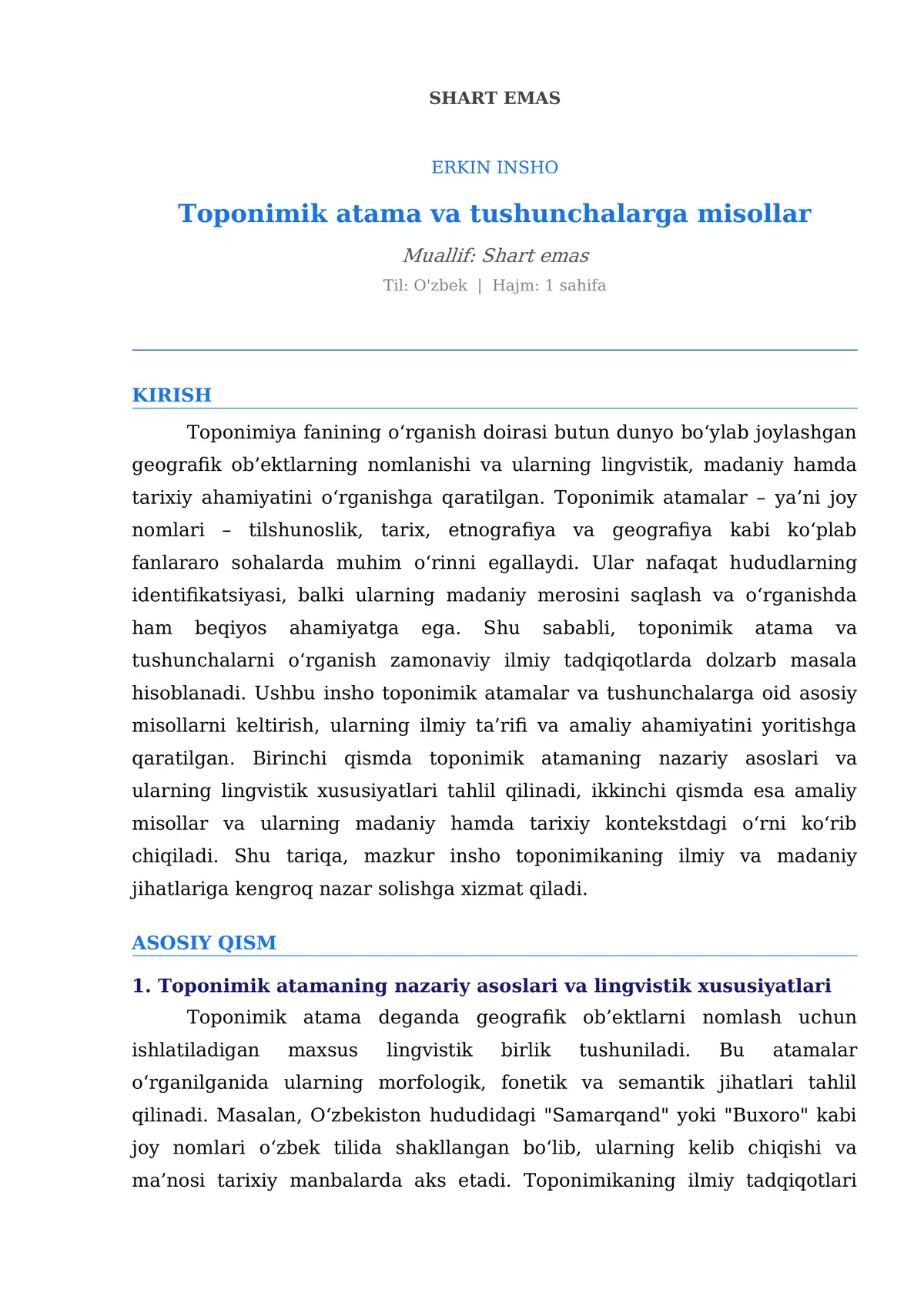Erkin Insho: Toponimik atama va tushunchalarga misollar