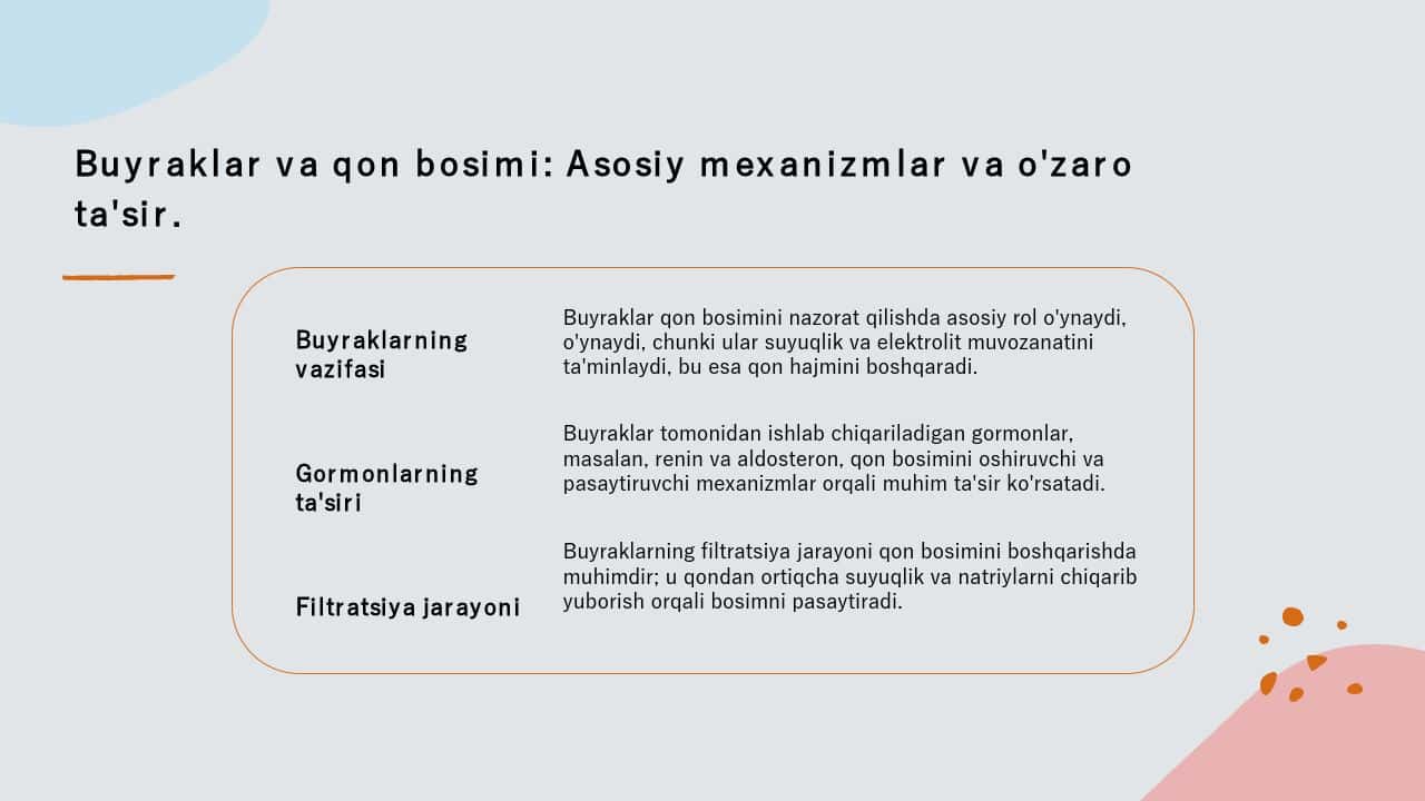 Arterial bosimning boshqariluvida buyraklarning roli