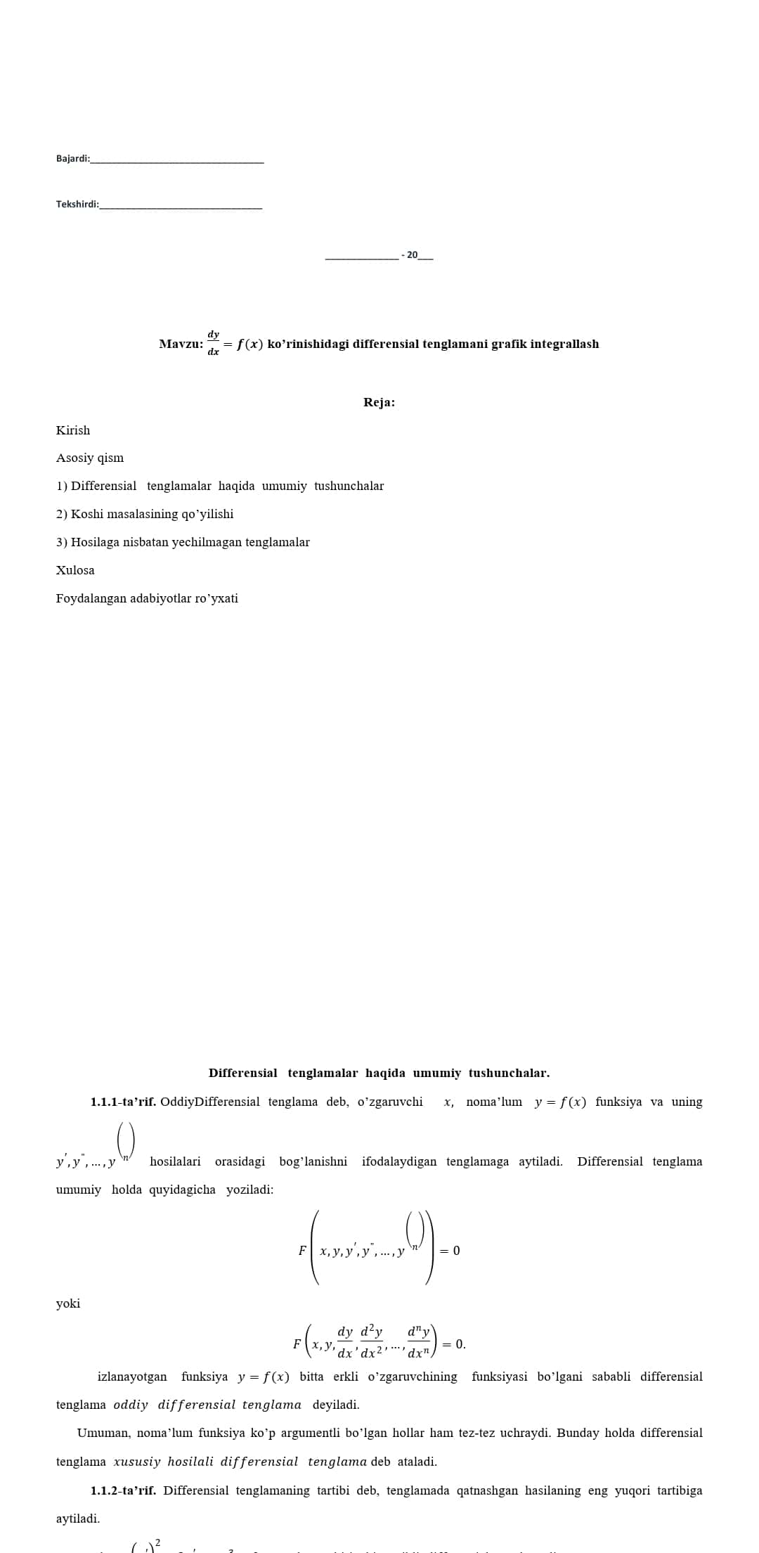 Mavzu: dy/dx=f(x) ko’rinishidagi differensial tenglamani grafik integrallash