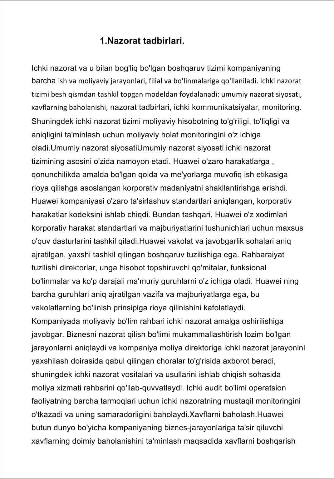 ICHKI NAZORAT TIZIMI VA TAVAKALCHILIKNI BAXOLASH.
