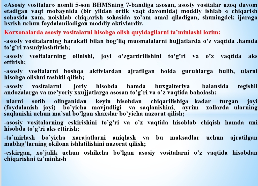 ASOSIY VOSITALAR VA NOMODDIY AKTIVLAR HISOBI