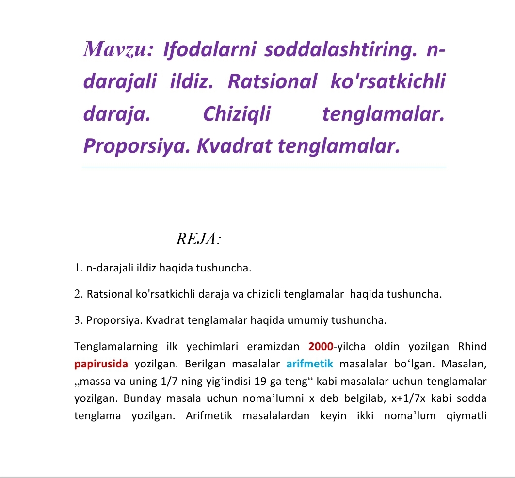 Ifodalarni soddalashtiring. n-darajali ildiz. Ratsional ko'rsatkichli daraja. Chiziqli tenglamalar. Proporsiya. Kvadrat tenglamalar.