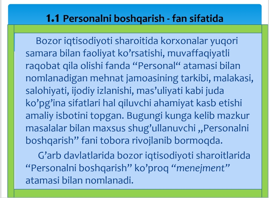 “PERSONALNI BOSHQARISH” fanining predmeti va vazifalari