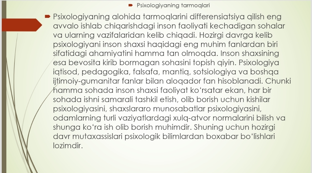 Umumiy psixologiya fanining tarmoqlari va tadqiqot metodlari
