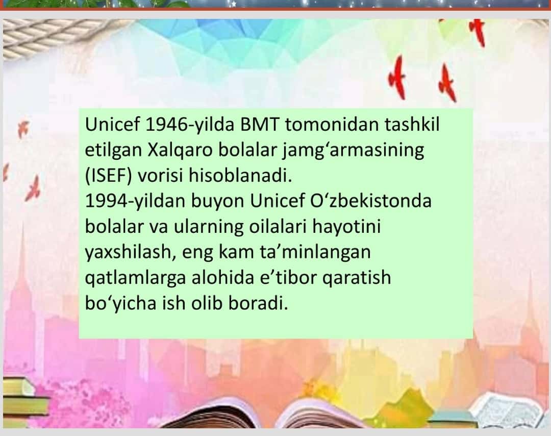 YuNISEF xalqaro tashkiloti faoliyatida yoshlarni xuquqiy himoya qilish masalalari.