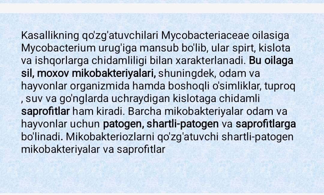 Havo-tomchi bakterial yuqumli kasallik qo'zg'atuvchilari(sil, moxov, aktinomitsetlar)