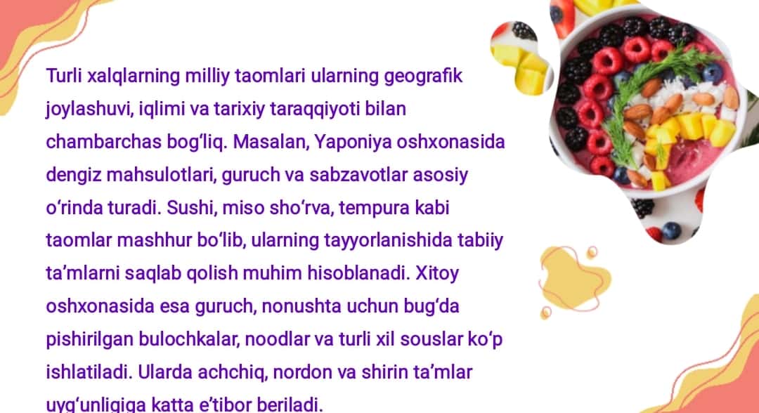 Dunyo xalqlari ovqatlanishga xos hususiyatlari