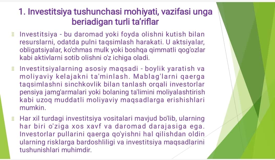 INVESTITSIYA TUSHUNCHASINING MAZMUNI VA UNGA BERILGAN TURLI TA’RIFLAR