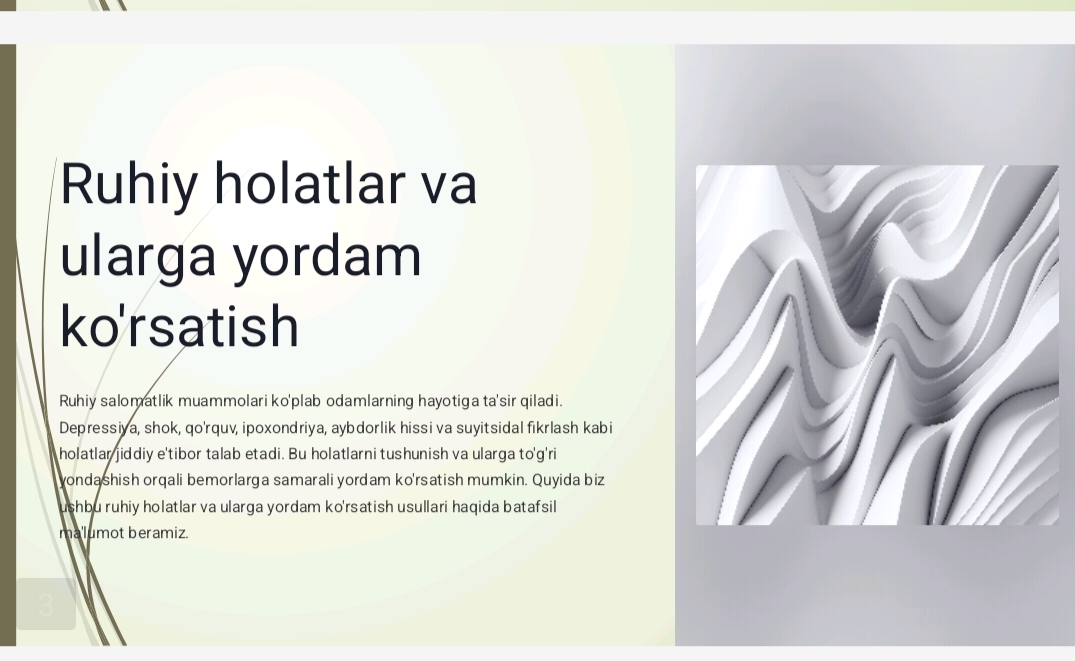 Bemorlarning ruhiy holati «Depressiya, shok, qo'rquv, cho'chish, ipoxondriya, o'zini aybdor xis qilish», suyitsidal fikrlash va x.k