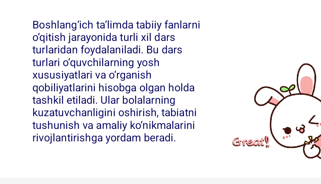 Boshlang‘ich ta‘lim tabiiy fanlarni o‘qitishda foydalaniladigan dars turlari