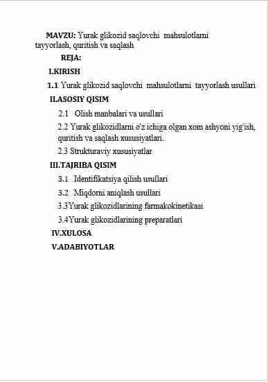 Yurak glikozid saqlovchi  mahsulotlarni tayyorlash, quritish va saqlash