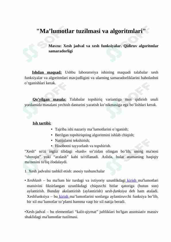 xesh jadval va xeshlash qidiruv algoritmlar samaradorligi