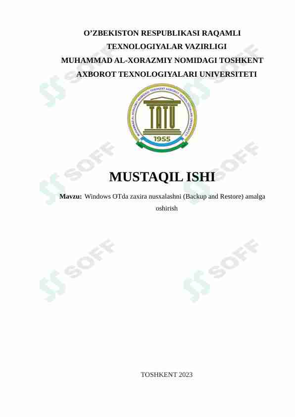 Windows OTda zaxira nusxalashni (Backup and Restore) amalga oshirish