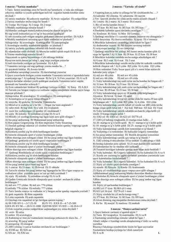 Tarix fanidan mavzulashtirilgan testlar