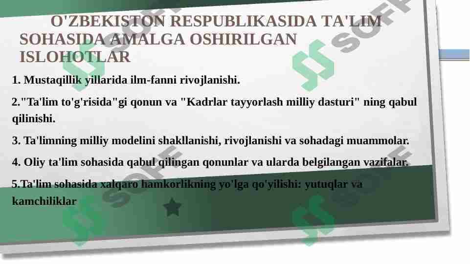 O'ZBEKISTON RESPUBLIKASIDA TA'LIM  SOHASIDA AMALGA OSHIRILGAN ISLOHOTLAR