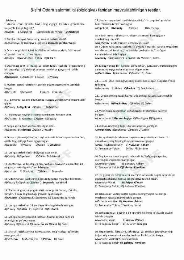 Biologiya fanidan mavzulashtirilgan testlar