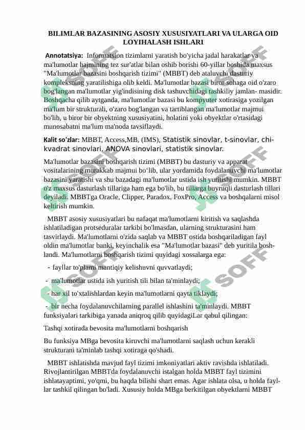 BILIMLAR BAZASINING ASOSIY XUSUSIYATLARI VA ULARGA OID  LOYIHALASH ISHLARI