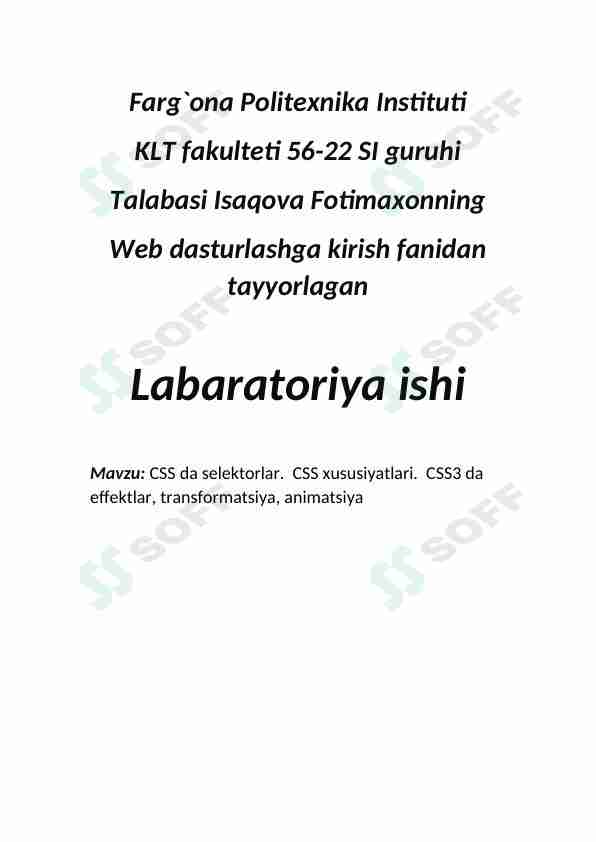 CSS da selektorlar. CSS xususiyatlari. CSS3 da effektlar, transformatsiya, animatsiya