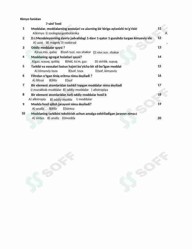 Maktab darsligi 7 - sinf Kimyo fani uchun moʻljallangan test savol - javoblari bilan