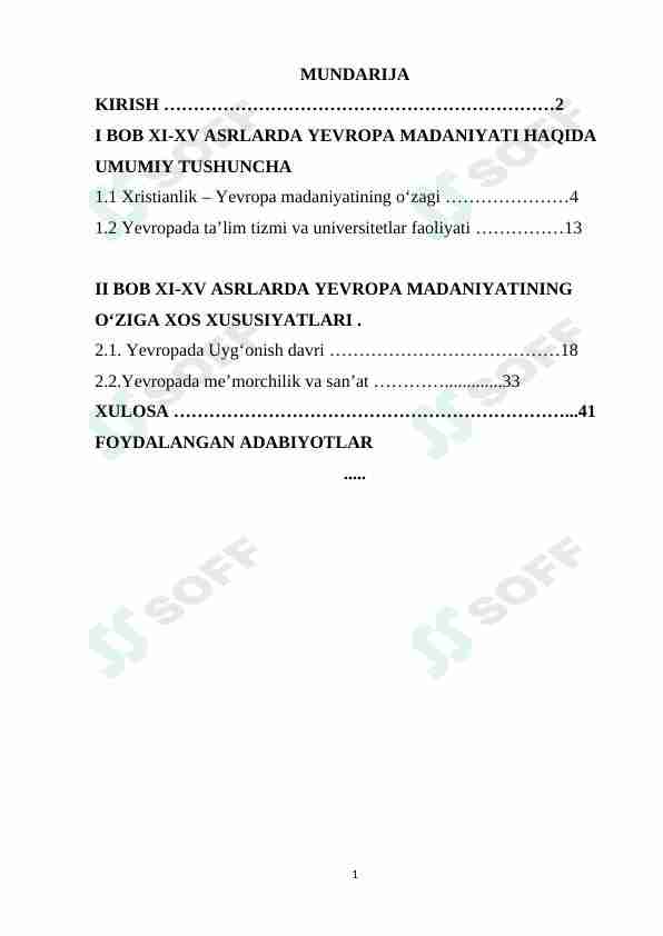 XI-XV ASRLARDA YEVROPA MADANIYATI