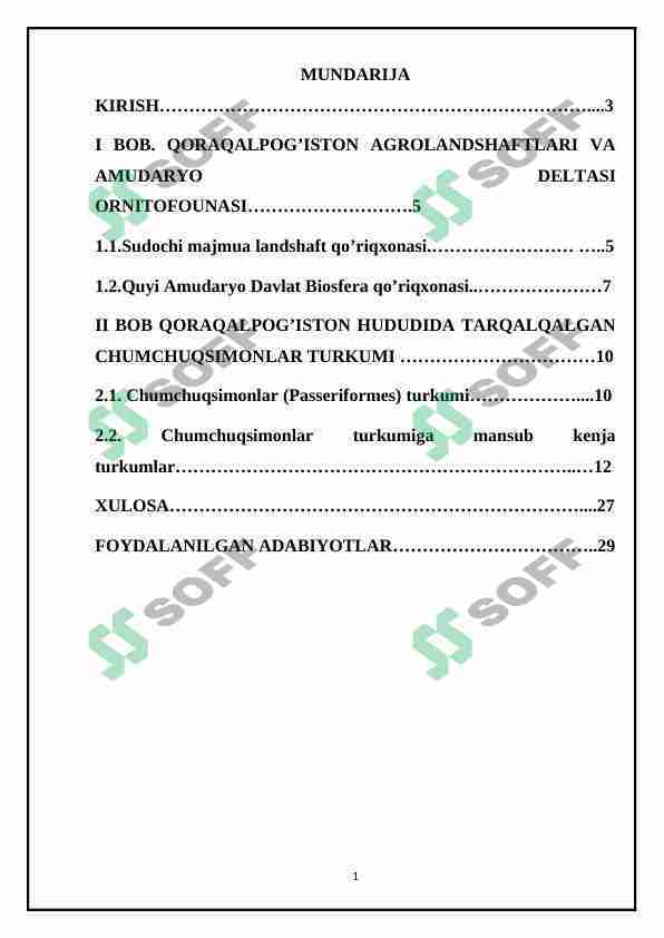 Qaraqalpiĝistonning agrolandshaftlarida tarqalgan qushlar