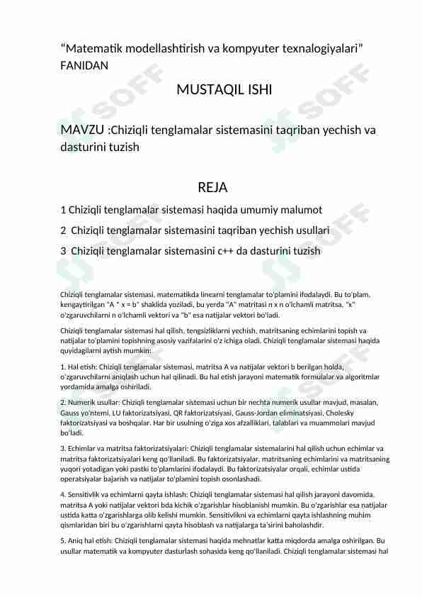 Chiziqli tenglamalar sistemasini taqriban yechish va dasturini tuzish