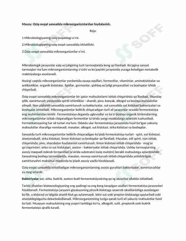 Oziq ovqat sanoatida mikroorganizmlarlardan foydalanish.
