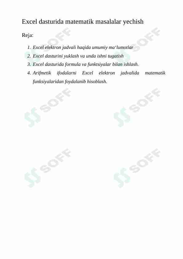 Excel dasturida matematik masalalar yechish