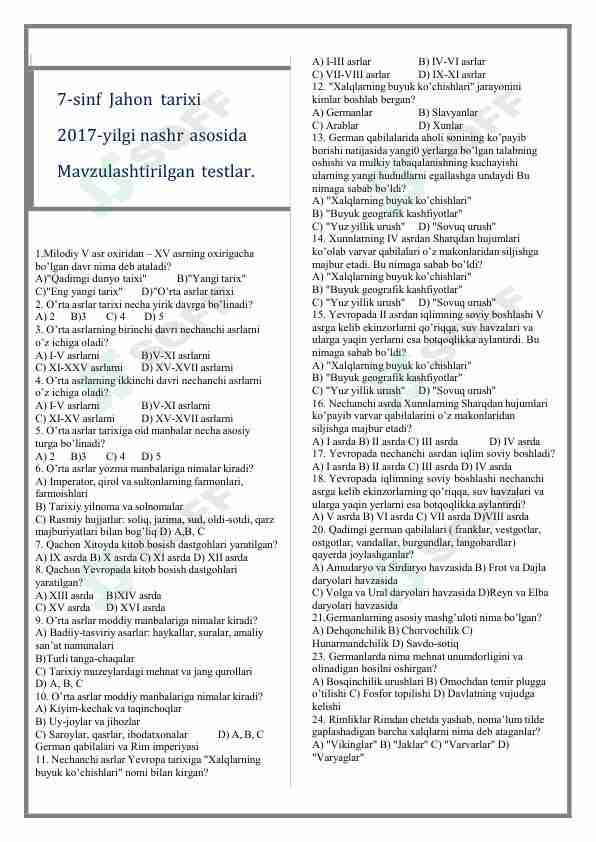 Jahon tarixi fanidan mavzulashtirilgan testlar / 7-sinf